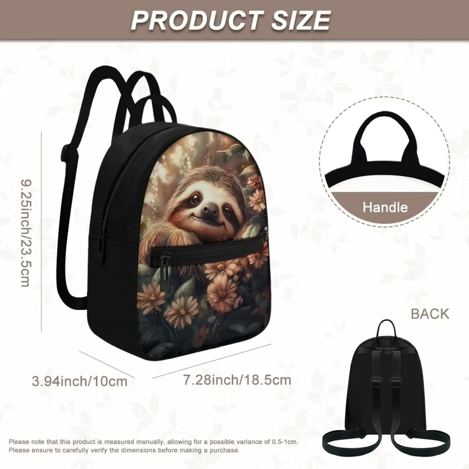 Compact Backpack for Women Cute Sloth Floral Mini Shoulder Bag, Durable Polyester Daypack Fits Travel Casual Rucksack