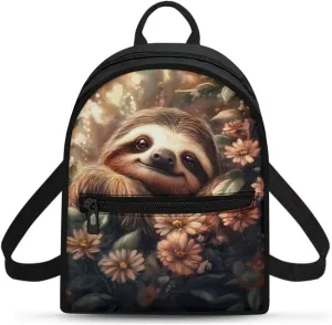 Compact Backpack for Women Cute Sloth Floral Mini Shoulder Bag, Durable Polyester Daypack Fits Travel Casual Rucksack