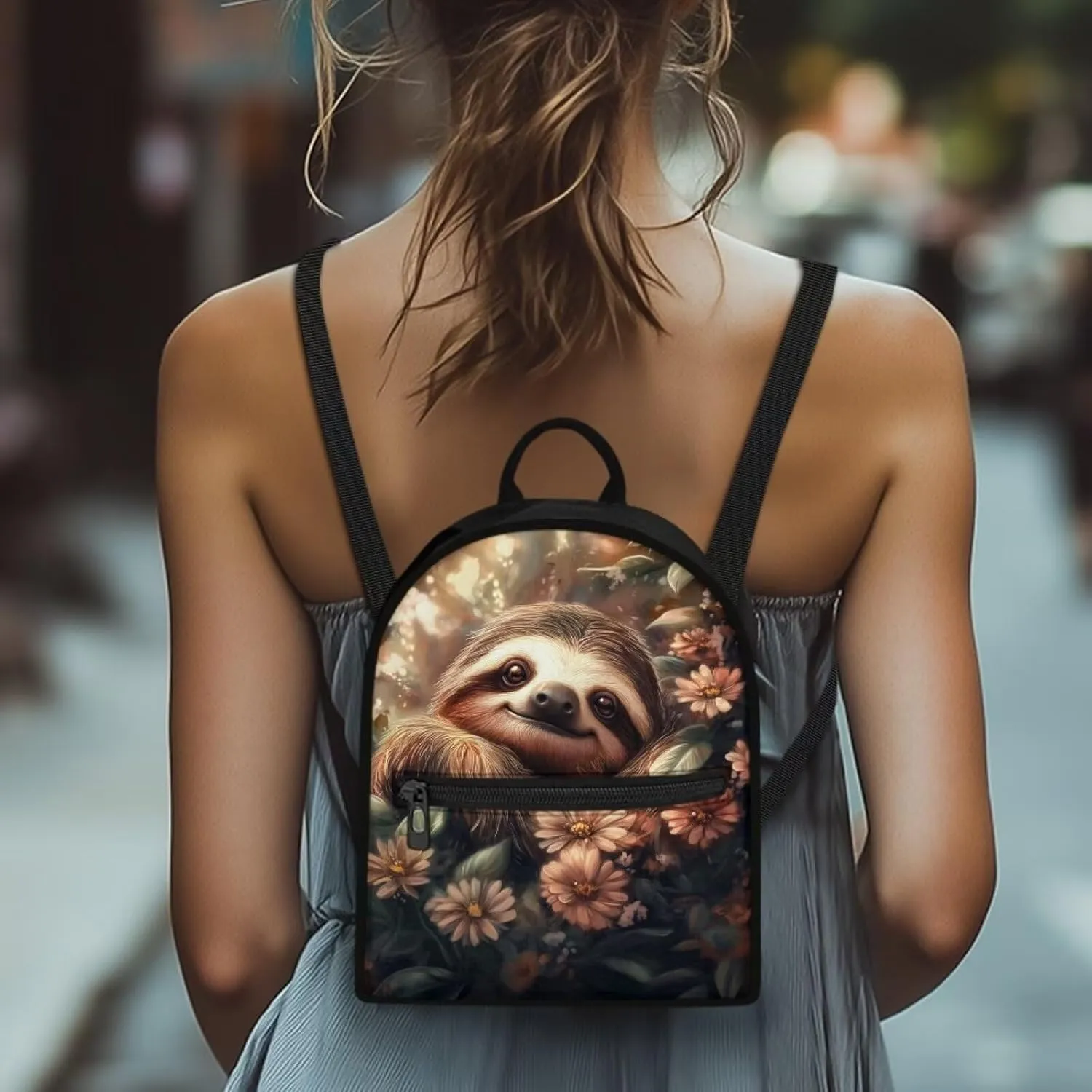 Compact Backpack for Women Cute Sloth Floral Mini Shoulder Bag, Durable Polyester Daypack Fits Travel Casual Rucksack