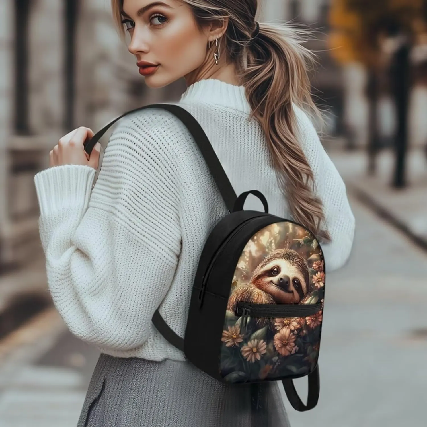 Compact Backpack for Women Cute Sloth Floral Mini Shoulder Bag, Durable Polyester Daypack Fits Travel Casual Rucksack