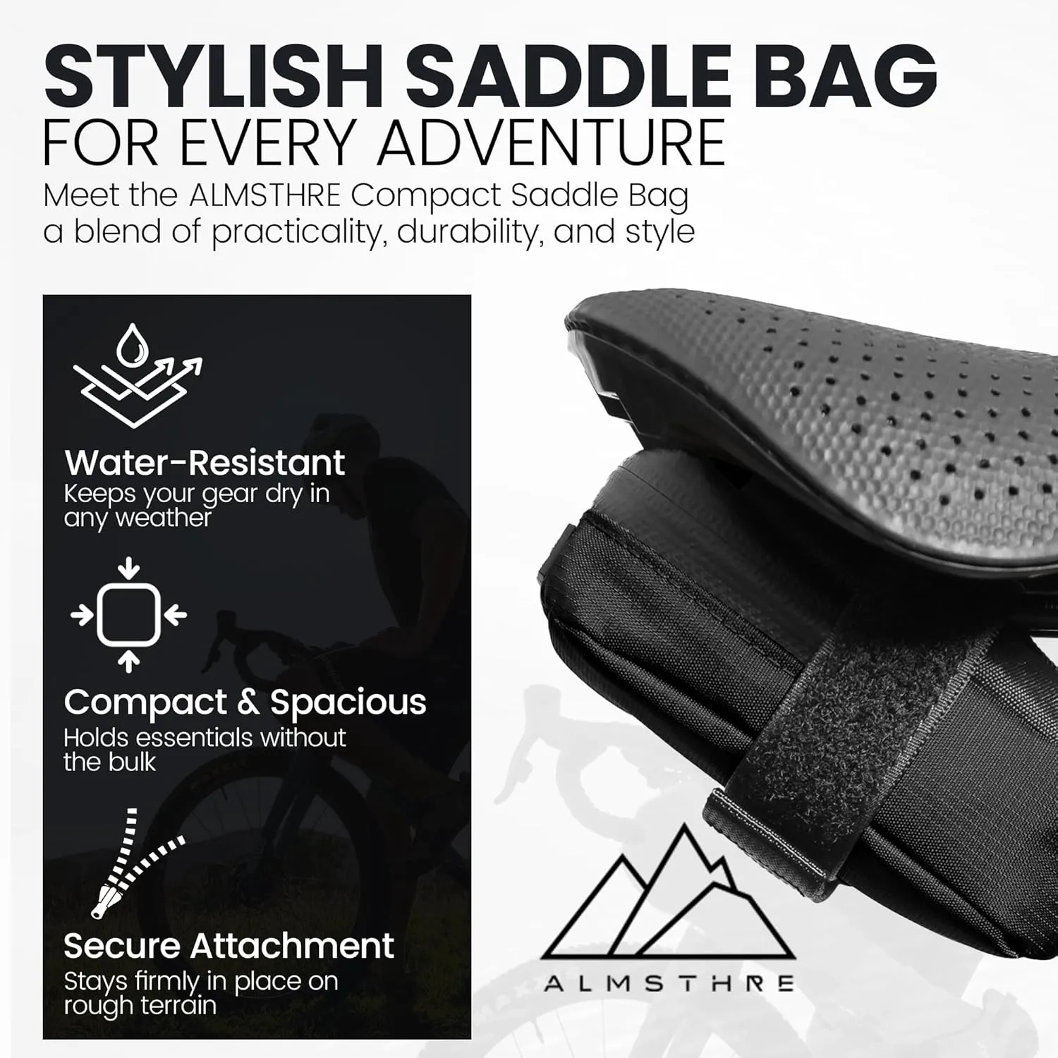 Compact Bike Saddle Bag – Midnight Black | Premium Water-Resistant Ripstop Material, Waterproof Zipper & Internal Pocket | Ultra-Light, Durable Bike Seat Bag for Essential Gear Storage