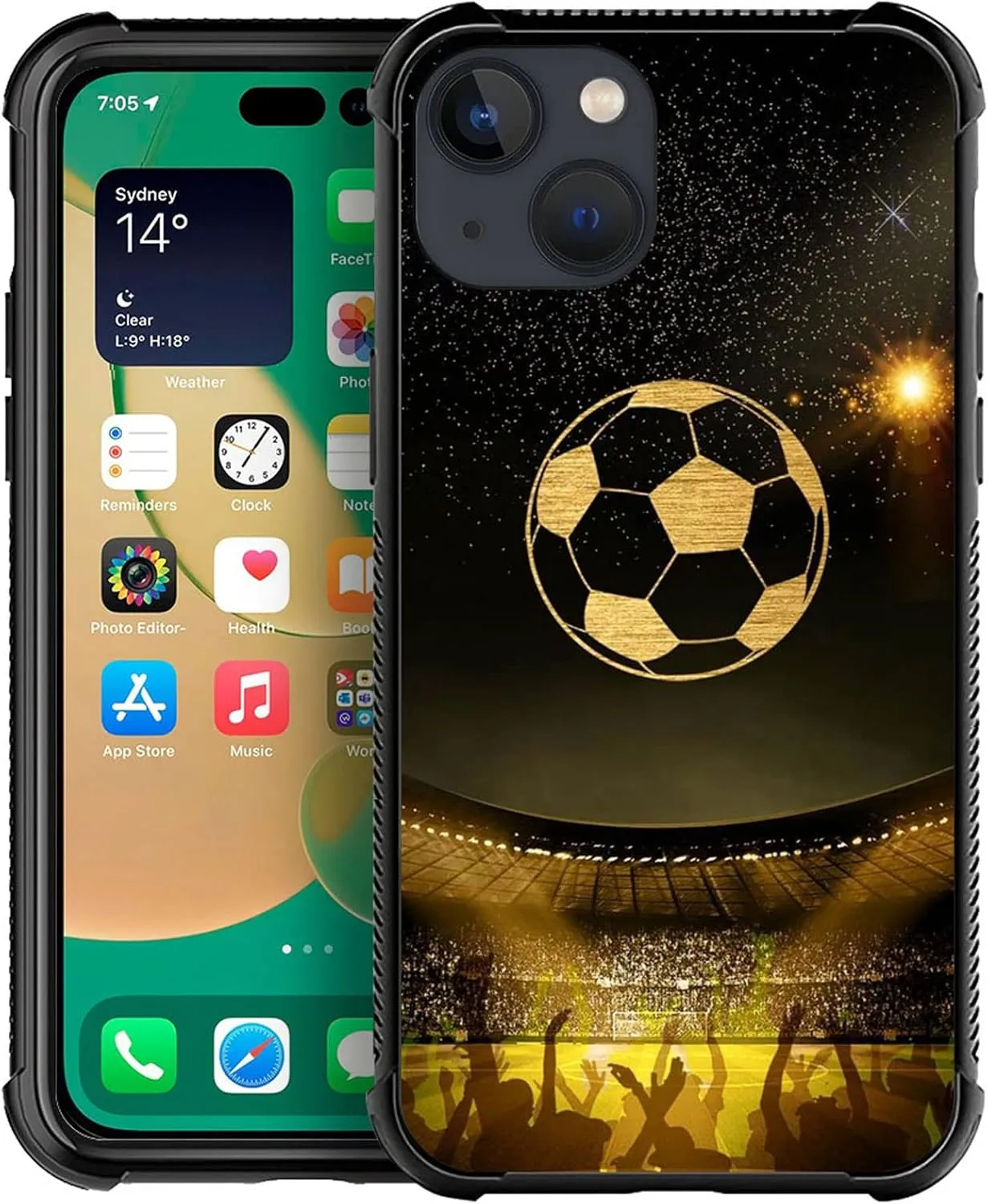 Compatible with iPhone 14 Case,Soccer Stadium Sports Soft TPU Bumper Shockproof Tempered Glass Back Cover Case for iPhone 14