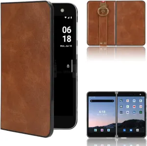 Compatible with Microsoft Surface Duo Cover,2 in 1 (PU Leather   Shell) Wrist Strap Camera Protection Shockproof Phone Case Brown