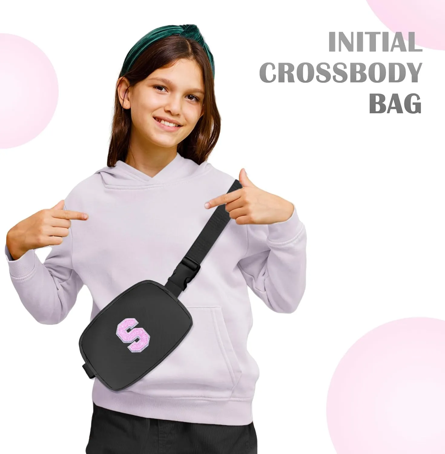 COSHAYSOO Black Belt Bag Small Waist Fanny Pack Crossbody Purse with Initial Letter Patch for Teen Girl Sister, Nylon Cross Body Travel Everywhere Chest Pouch Trendy Cool Christmas Gift (S)