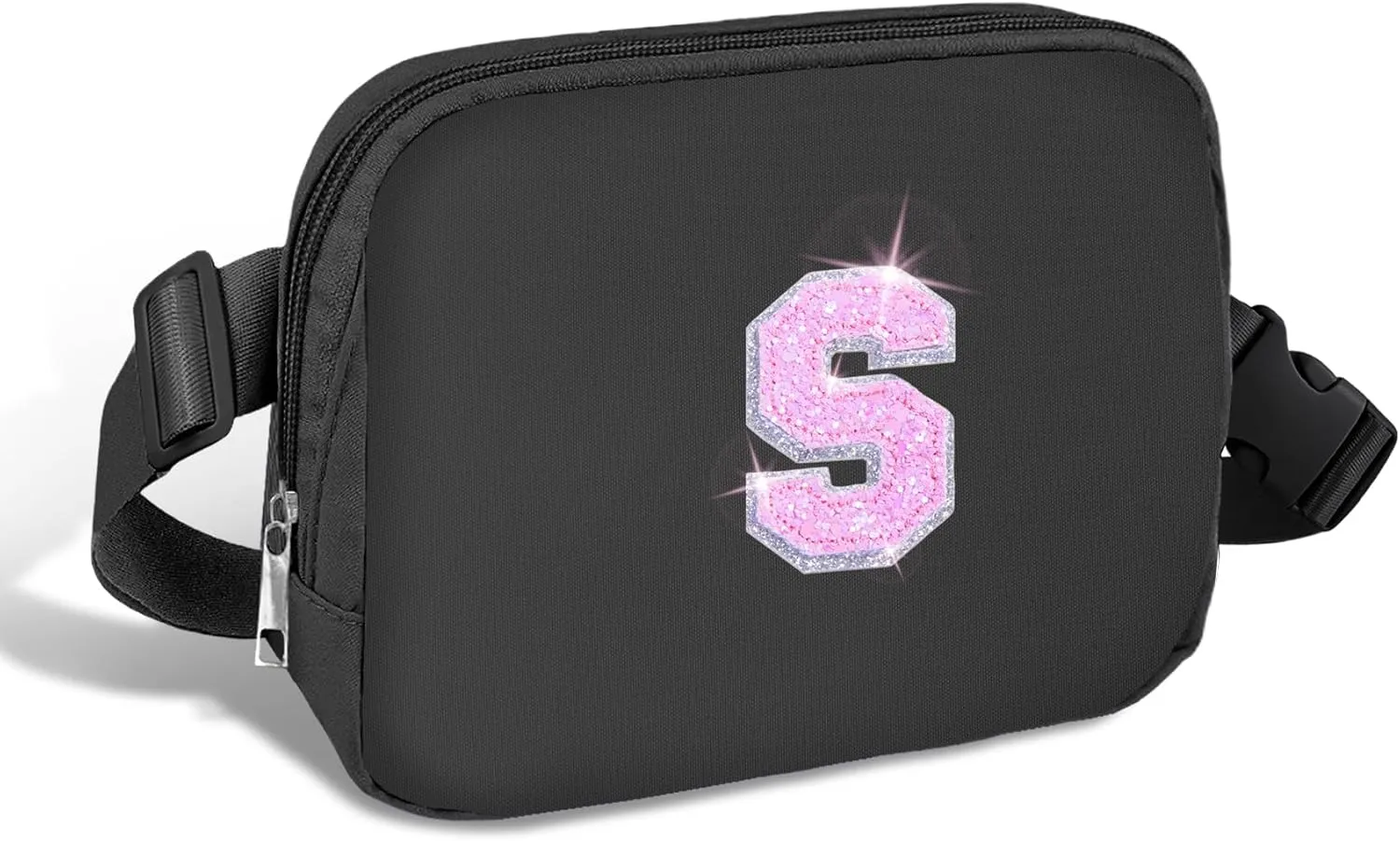 COSHAYSOO Black Belt Bag Small Waist Fanny Pack Crossbody Purse with Initial Letter Patch for Teen Girl Sister, Nylon Cross Body Travel Everywhere Chest Pouch Trendy Cool Christmas Gift (S)