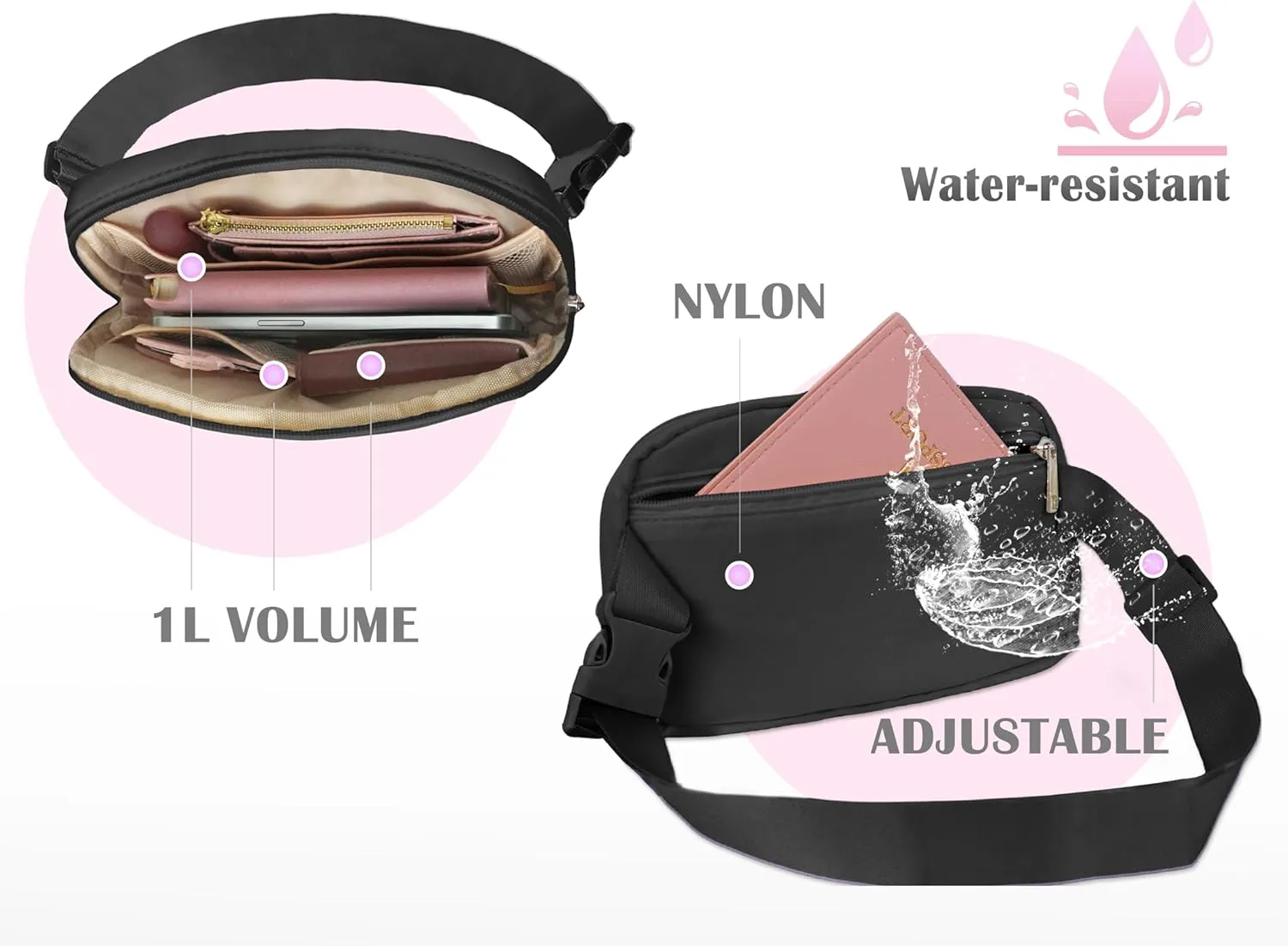COSHAYSOO Black Belt Bag Small Waist Fanny Pack Crossbody Purse with Initial Letter Patch for Teen Girl Sister, Nylon Cross Body Travel Everywhere Chest Pouch Trendy Cool Christmas Gift (S)