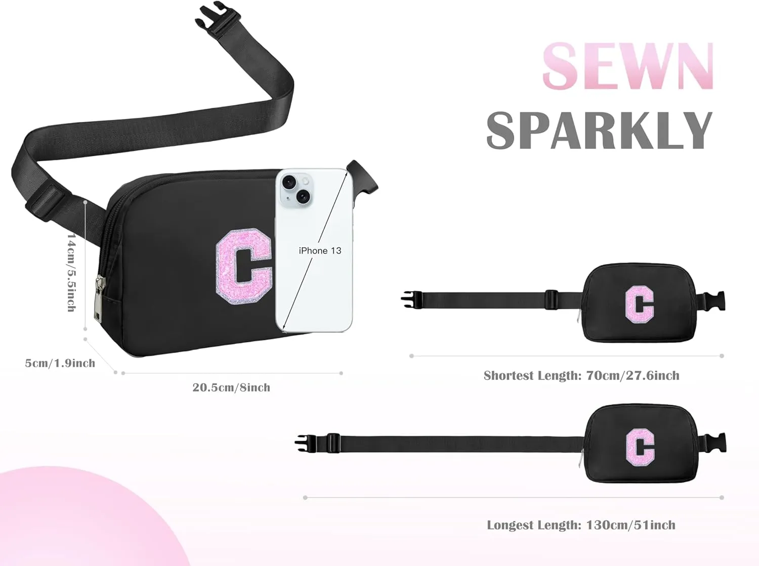 COSHAYSOO Black Belt Bag Small Waist Fanny Pack Crossbody Purse with Initial Letter Patch for Teenage Girl Sister, Nylon Cross Body Travel Chest Pouch Fashion Gift (C)
