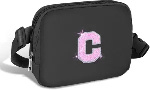 COSHAYSOO Black Belt Bag Small Waist Fanny Pack Crossbody Purse with Initial Letter Patch for Teenage Girl Sister, Nylon Cross Body Travel Chest Pouch Fashion Gift (C)