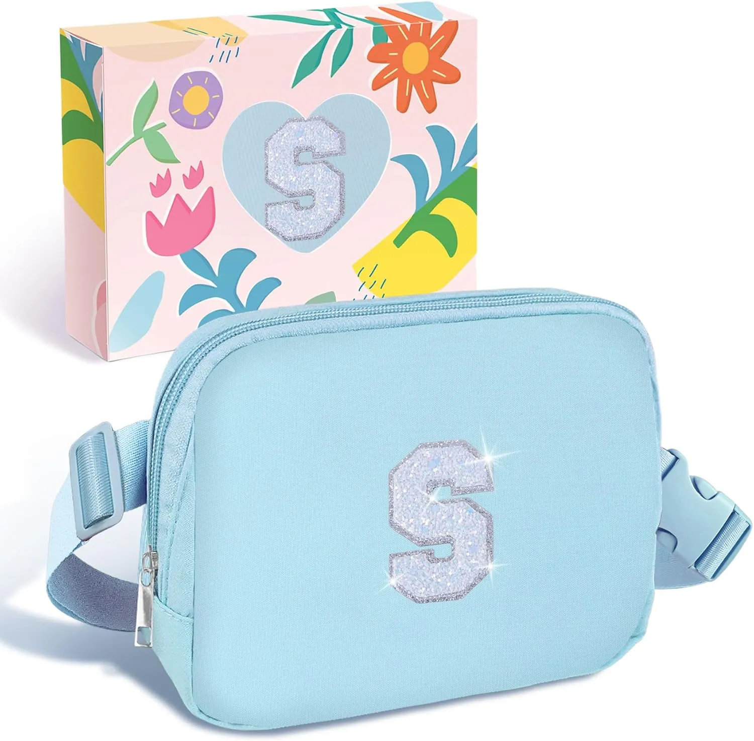 COSHAYSOO Blue Belt Bag Small Waist Fanny Pack Crossbody Purse with Initial Letter Patch for Teen Girl Sister, Nylon Cross Body Travel Everywhere Chest Pouch Trendy Cool Easter Gifts (S)