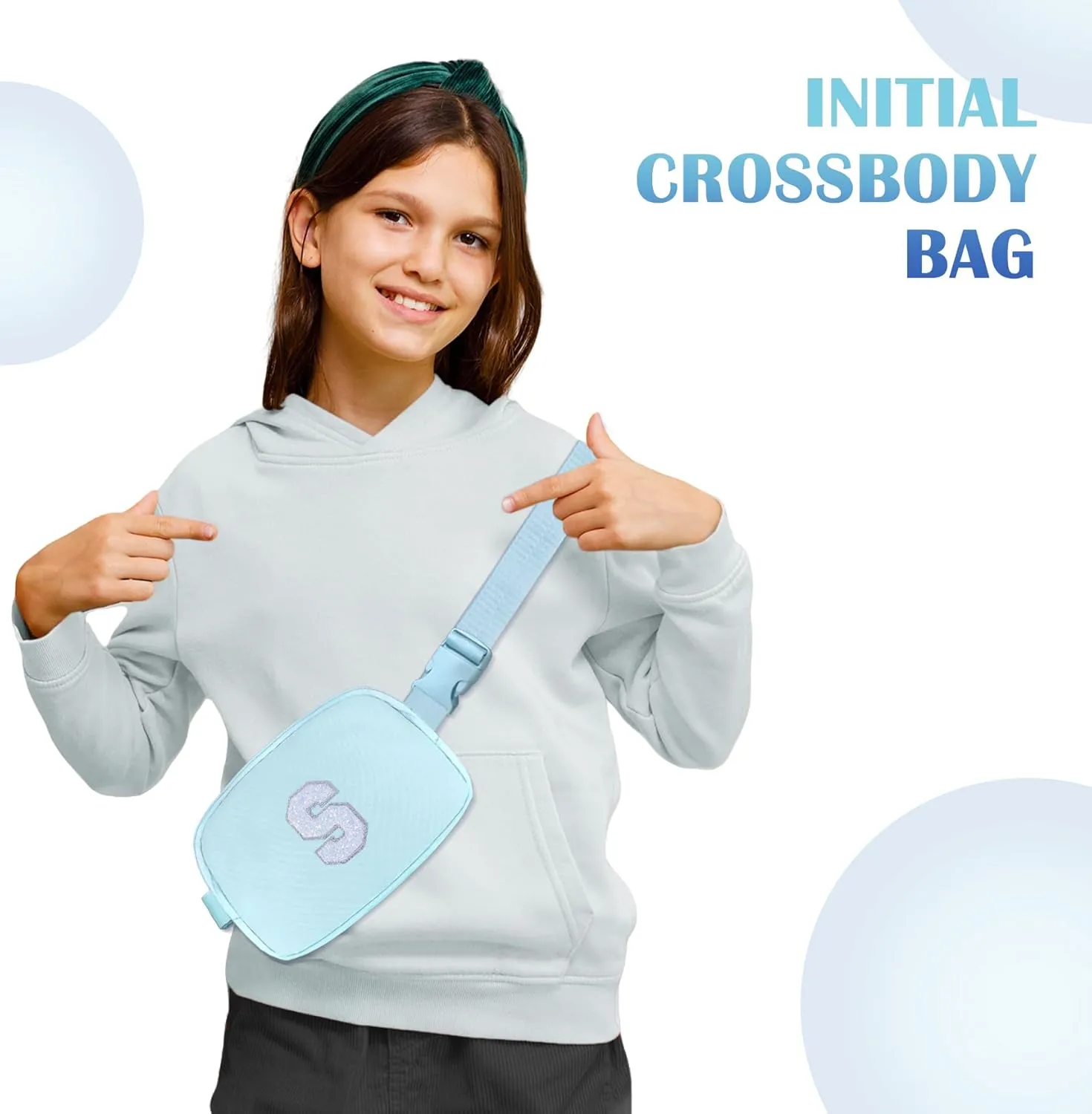 COSHAYSOO Blue Belt Bag Small Waist Fanny Pack Crossbody Purse with Initial Letter Patch for Teen Girl Sister, Nylon Cross Body Travel Everywhere Chest Pouch Trendy Cool Easter Gifts (S)