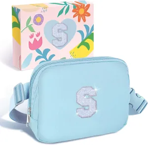 COSHAYSOO Blue Belt Bag Small Waist Fanny Pack Crossbody Purse with Initial Letter Patch for Teen Girl Sister, Nylon Cross Body Travel Everywhere Chest Pouch Trendy Cool Easter Gifts (S)