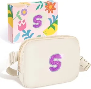 COSHAYSOO Small Waist Fanny Pack Belt Bag with Initial Letter Adjustable Strap for Women Teen Girl Traveling, Valentines Easter Gifts, Crossbody Sling Travel Purse Trendy Preppy Pouch Ivory (S)