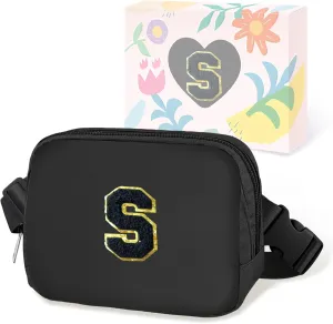 COSHAYSOO Valentines Birthday Initial Gifts for Teen Boys 5 6 7 8 9 10 11 12 13 14 Year Old Black Fanny Pack for Women Belt Bag Crossbody Travel Purse Monogrammed Unique Trendy Stuff Chenille Letter S