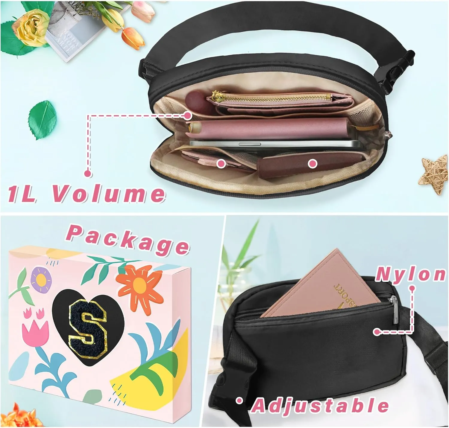 COSHAYSOO Valentines Birthday Initial Gifts for Teen Boys 5 6 7 8 9 10 11 12 13 14 Year Old Black Fanny Pack for Women Belt Bag Crossbody Travel Purse Monogrammed Unique Trendy Stuff Chenille Letter S