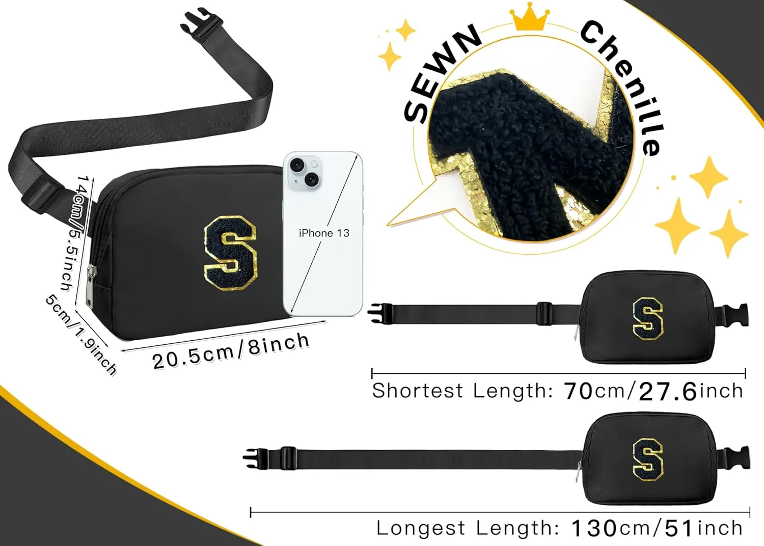 COSHAYSOO Valentines Birthday Initial Gifts for Teen Boys 5 6 7 8 9 10 11 12 13 14 Year Old Black Fanny Pack for Women Belt Bag Crossbody Travel Purse Monogrammed Unique Trendy Stuff Chenille Letter S