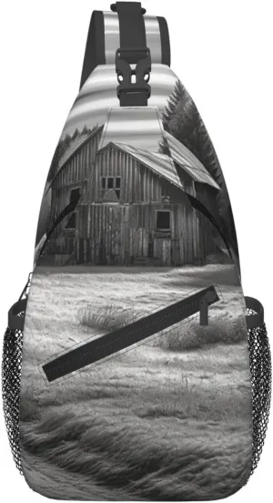 Crossbody Bag Sling Backpack Barn Black and White Travel Hiking Chest Bag Daypack for Women Men