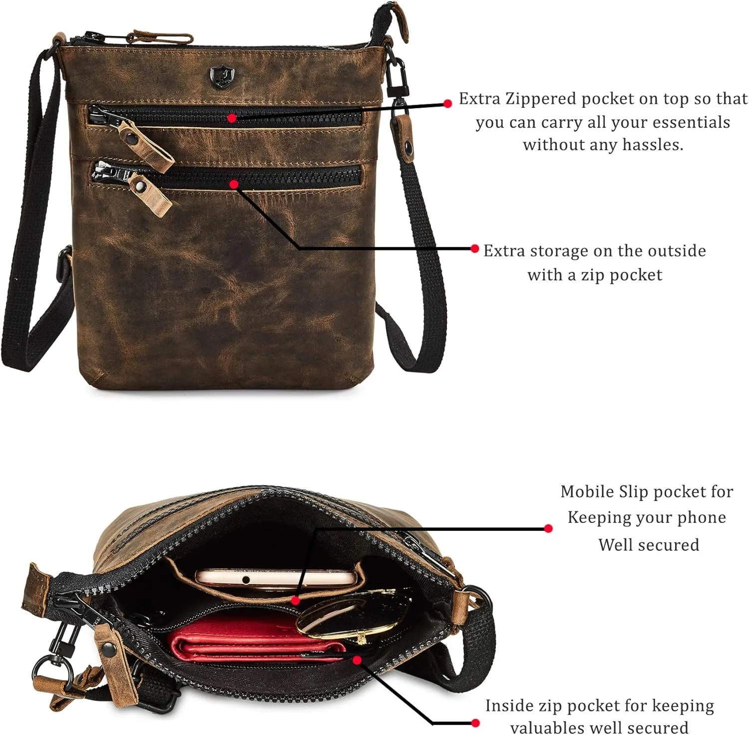 Crossbody Sling Bag for Women Small Real Leather Purse Vintage Travel Crossover Shoulder Bag Handmade