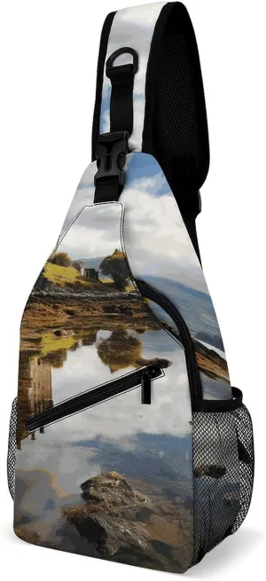 Crossbody Sling Bag Scotland Castle Water Lake Scottish Sling Backpack Shoulder Chest Bag Casual Chest Bag with Adjustable Shoulder Strap Fanny Packs for Outdoors Hiking Traveling