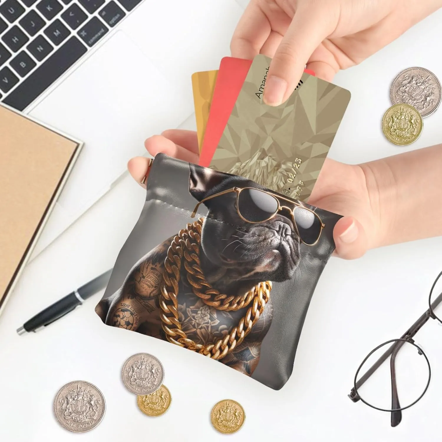 Custom Leather Coin Purse for Men Women Tattoo French Bulldog Funny Squeeze Card Change Purse Wallet