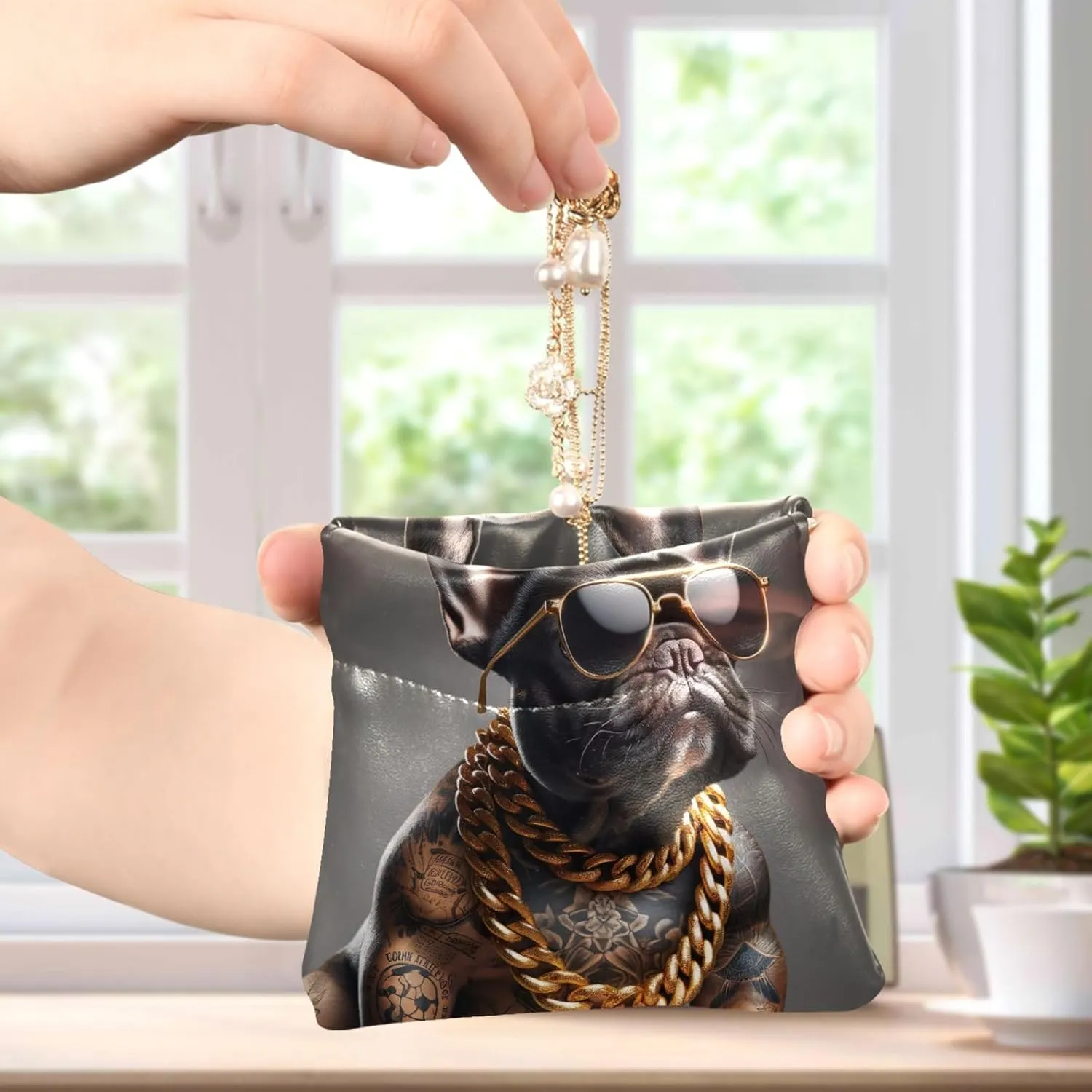 Custom Leather Coin Purse for Men Women Tattoo French Bulldog Funny Squeeze Card Change Purse Wallet