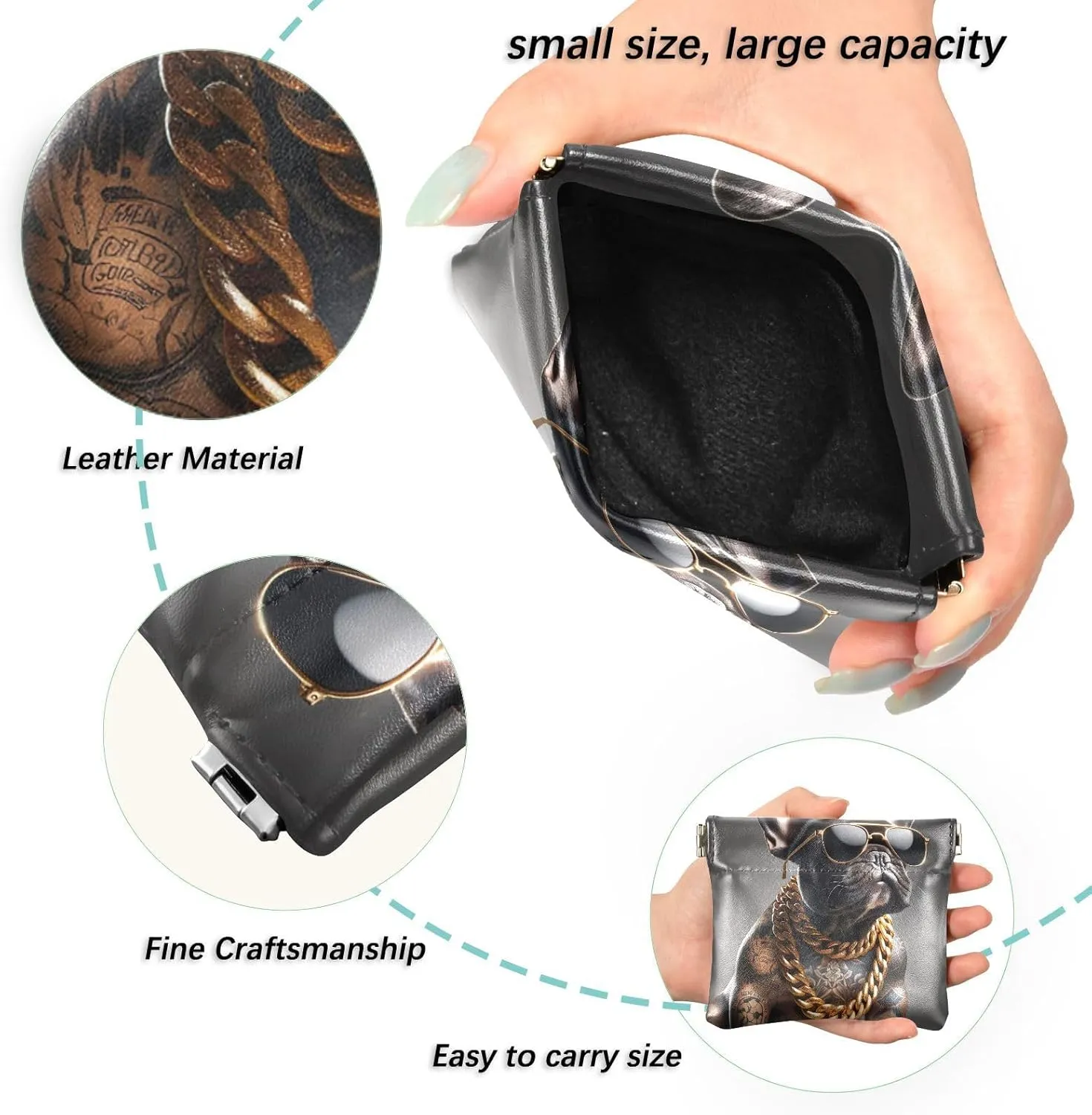Custom Leather Coin Purse for Men Women Tattoo French Bulldog Funny Squeeze Card Change Purse Wallet