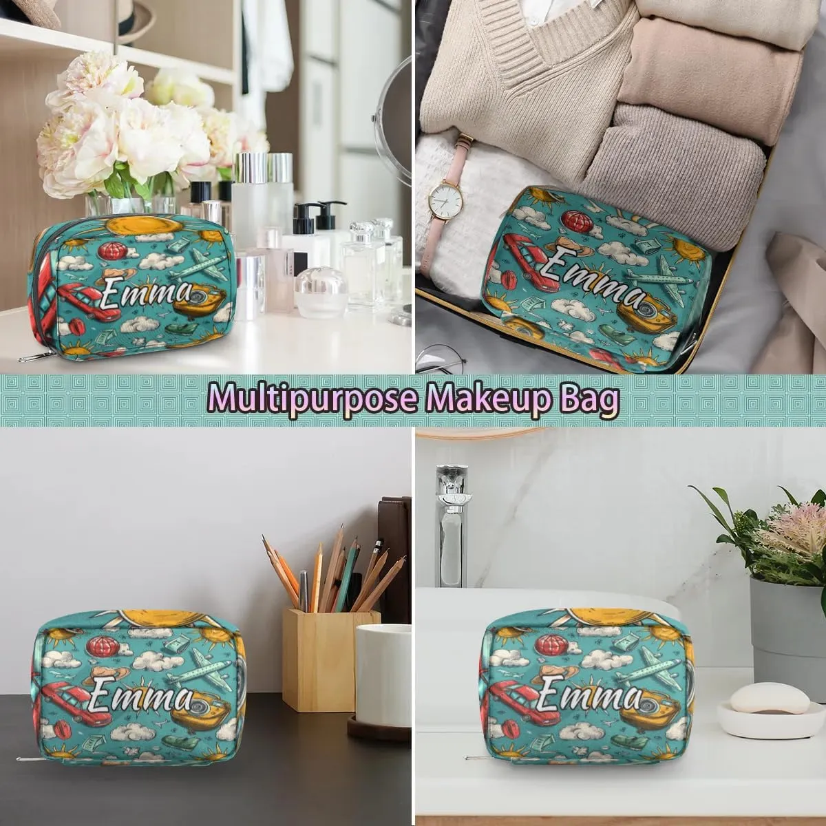 Custom Name Cosmetic Bag, Camera Car Aircraft Personalized Bridesmaid Makeup Bag, Personalised Gift for Bridesmaid, Tropical Sun Travel Makeup Bag, Bridesmaid Gifts, Organizer