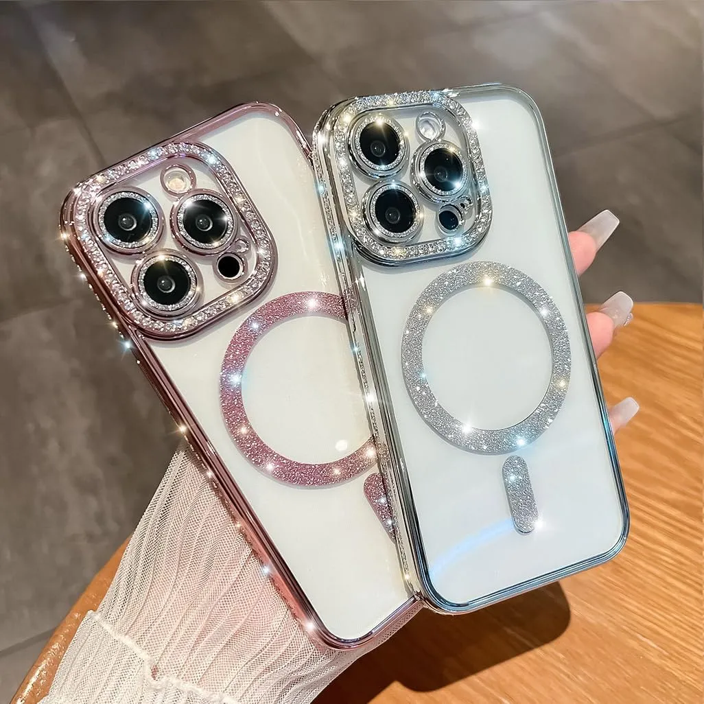 Cute for iPhone 15 Pro Max Magnetic Glitter Case,Luxury Bling Rhinestone Diamond Plated Bumper Case,Compatible with MagSafe, Sparkle Camera Lens Protection Clear Cover for Women Girls(Blue)