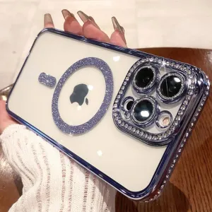 Cute for iPhone 15 Pro Max Magnetic Glitter Case,Luxury Bling Rhinestone Diamond Plated Bumper Case,Compatible with MagSafe, Sparkle Camera Lens Protection Clear Cover for Women Girls(Blue)