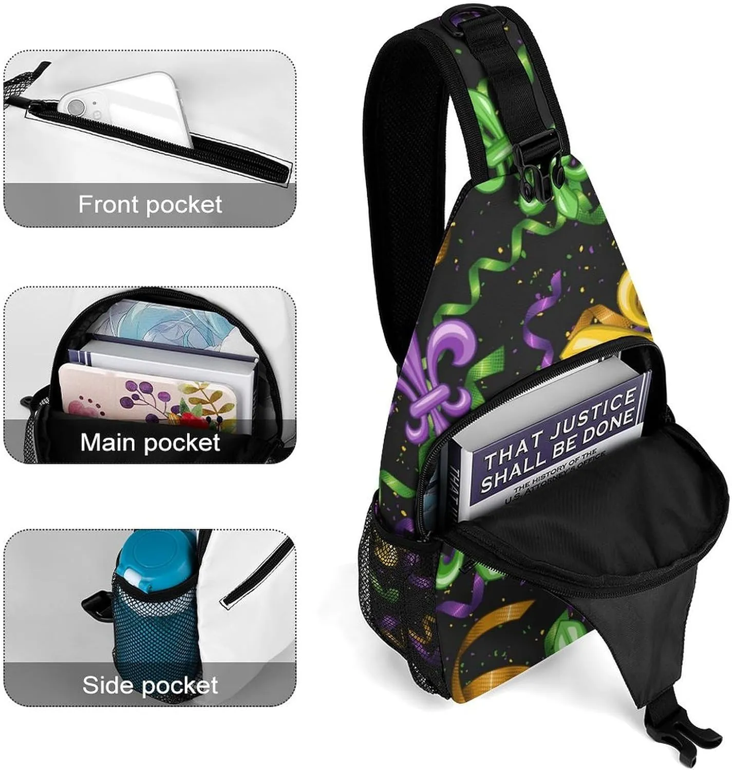 Cute Sling Shoulder Backpack, Rucksack, for Mardi Gras Pattern Crossbody Rope Rucksack, Tote Bags, Gym Crossbody Sack Satchel Outdoor Hiking Bag for Men Women
