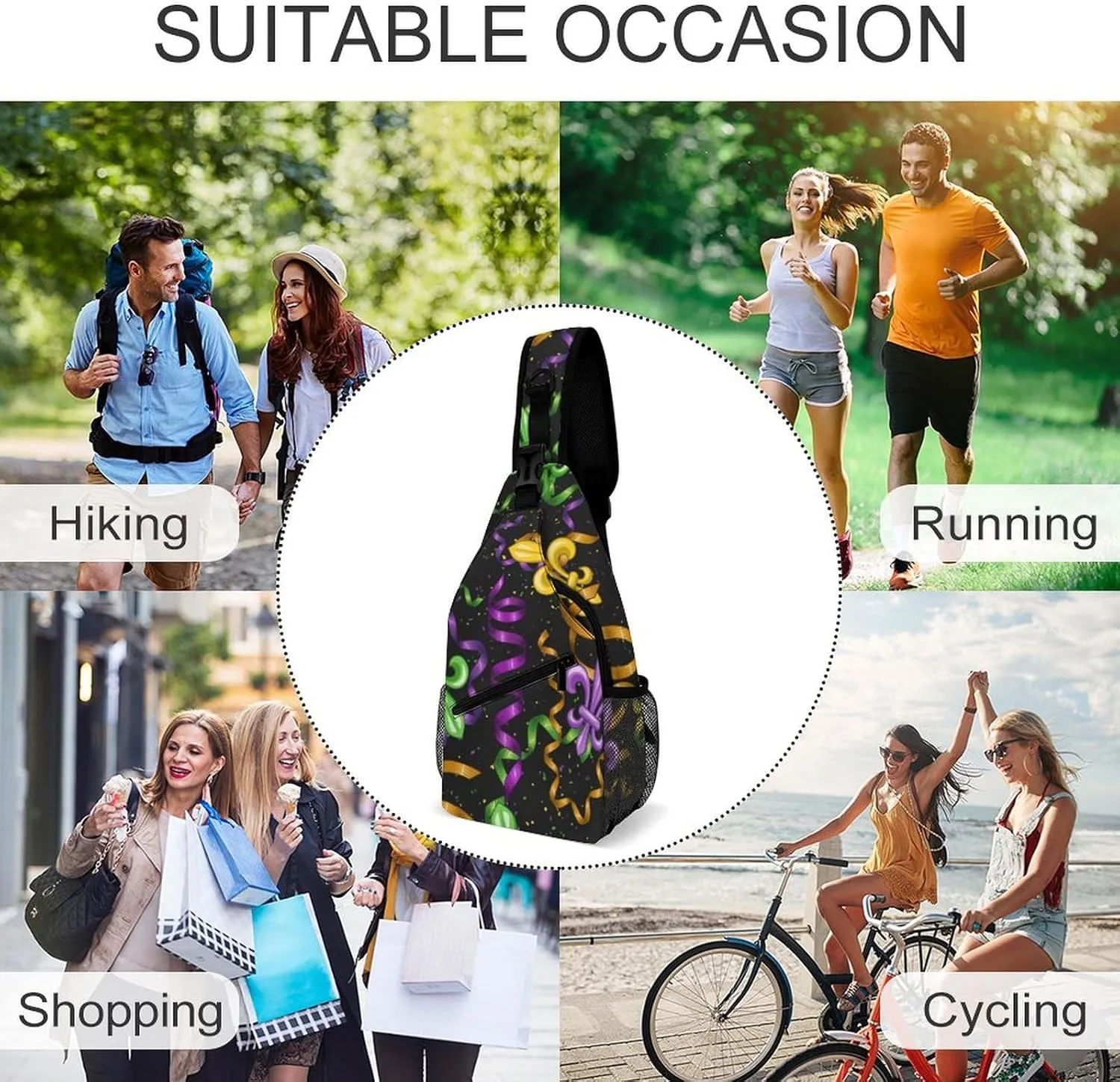 Cute Sling Shoulder Backpack, Rucksack, for Mardi Gras Pattern Crossbody Rope Rucksack, Tote Bags, Gym Crossbody Sack Satchel Outdoor Hiking Bag for Men Women
