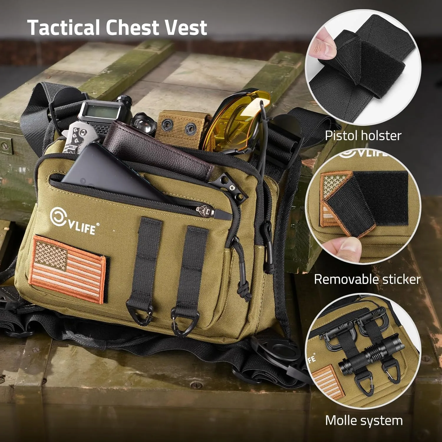 CVLIFE Chest Bag Chest Vest with Pistol Holster Chest Bag for Men Running Chest Pack Adjustable Tactical Vest Bag for Outdoor