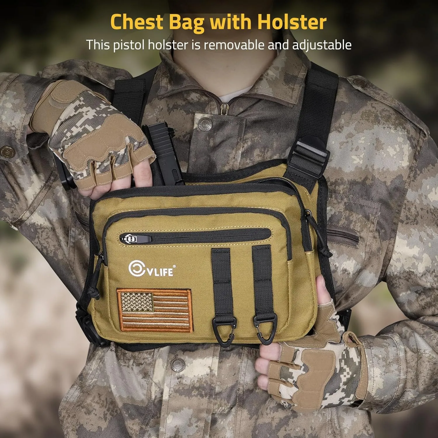 CVLIFE Chest Bag Chest Vest with Pistol Holster Chest Bag for Men Running Chest Pack Adjustable Tactical Vest Bag for Outdoor