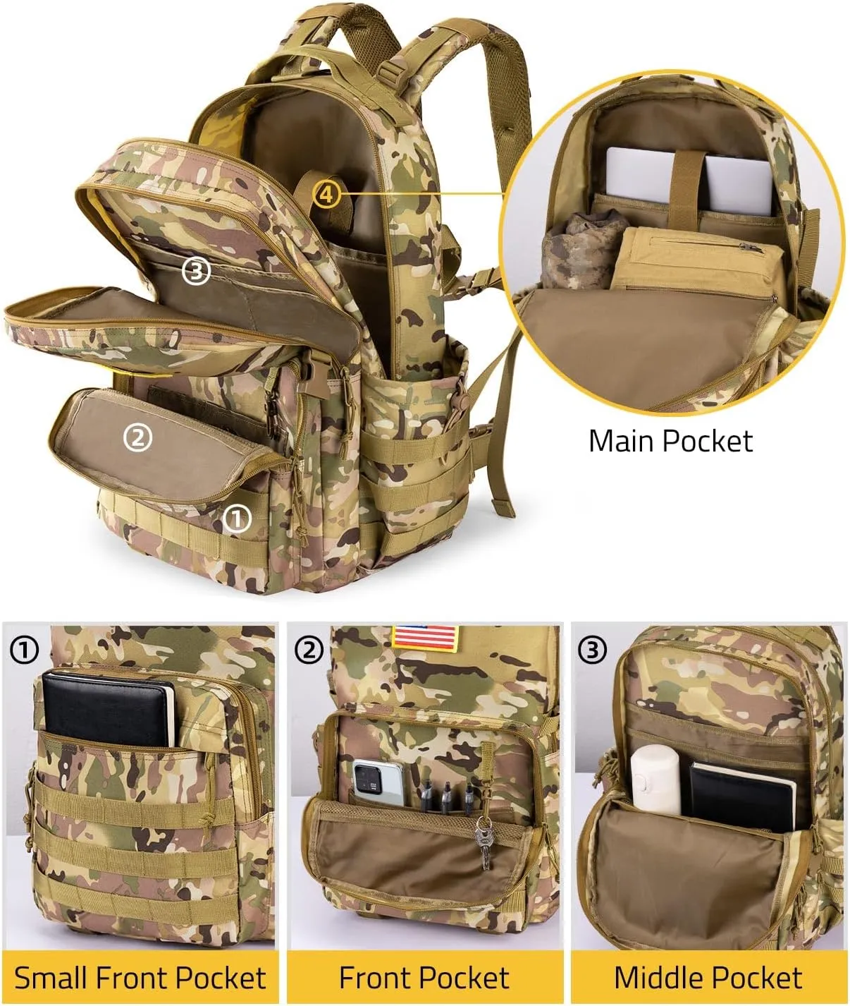 CVLIFE Military Travel Backpack for Men 40L Tactical Work Backpack Molle Rucksack Large Bookbag Army Day Pack with Bottle Holder for Women Outdoor Camping Sport Hiking Trekking Everyday Carry, CP