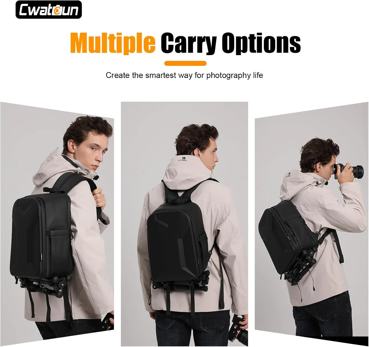 Cwatcun 2 in1 Camera Sling Bag, Camera Backpack Waterproof Leather Coating Shockproof Hardshell Camera Bag with Tripod Strap, Camera Case for Canon Nikon Sony Fuji DSLR SLR Mirrorless Camera & Lenses