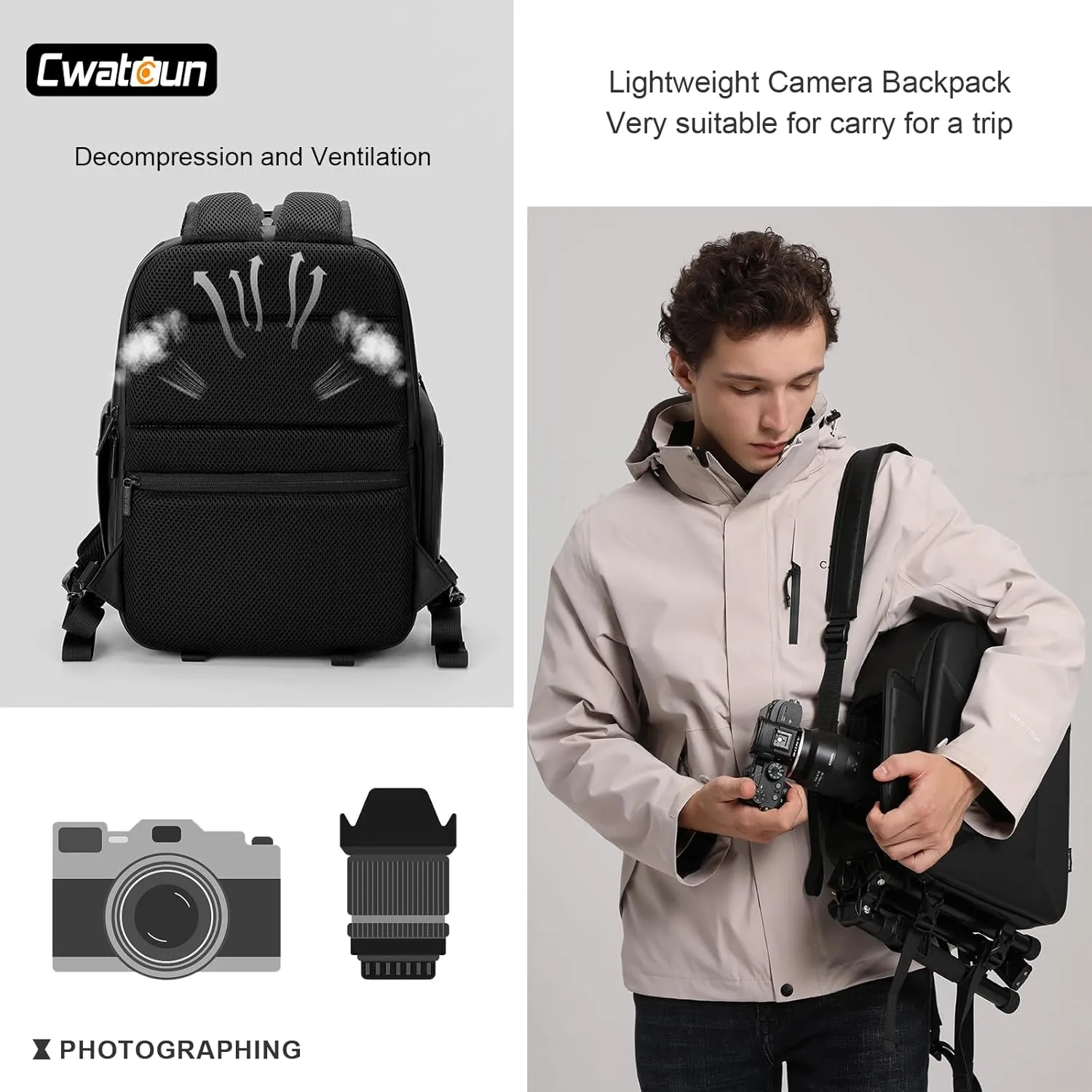 Cwatcun 2 in1 Camera Sling Bag, Camera Backpack Waterproof Leather Coating Shockproof Hardshell Camera Bag with Tripod Strap, Camera Case for Canon Nikon Sony Fuji DSLR SLR Mirrorless Camera & Lenses