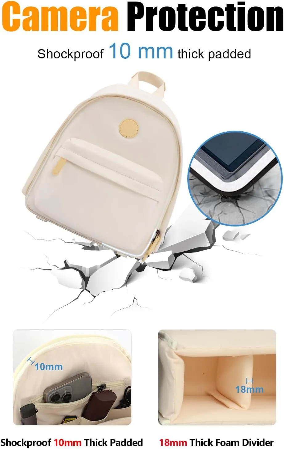 Cwatcun Camera Backpack Bag Small for Women，Fashion DSLR Camera Bag Cute with Tripod Strap and Removable Padded Dividers Lightweight Photograhy Case for Canon/Nikon/Sony Cameras, Off-White