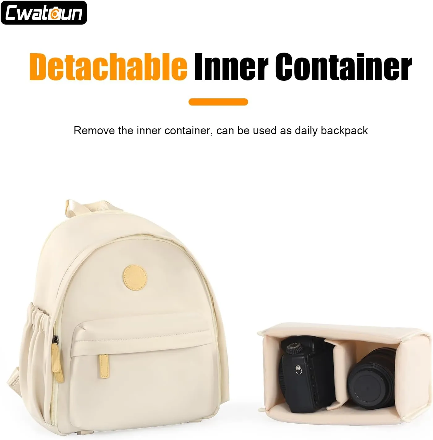 Cwatcun Camera Backpack Bag Small for Women，Fashion DSLR Camera Bag Cute with Tripod Strap and Removable Padded Dividers Lightweight Photograhy Case for Canon/Nikon/Sony Cameras, Off-White