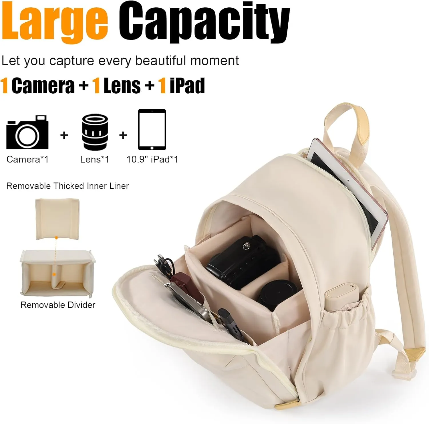 Cwatcun Camera Backpack Bag Small for Women，Fashion DSLR Camera Bag Cute with Tripod Strap and Removable Padded Dividers Lightweight Photograhy Case for Canon/Nikon/Sony Cameras, Off-White
