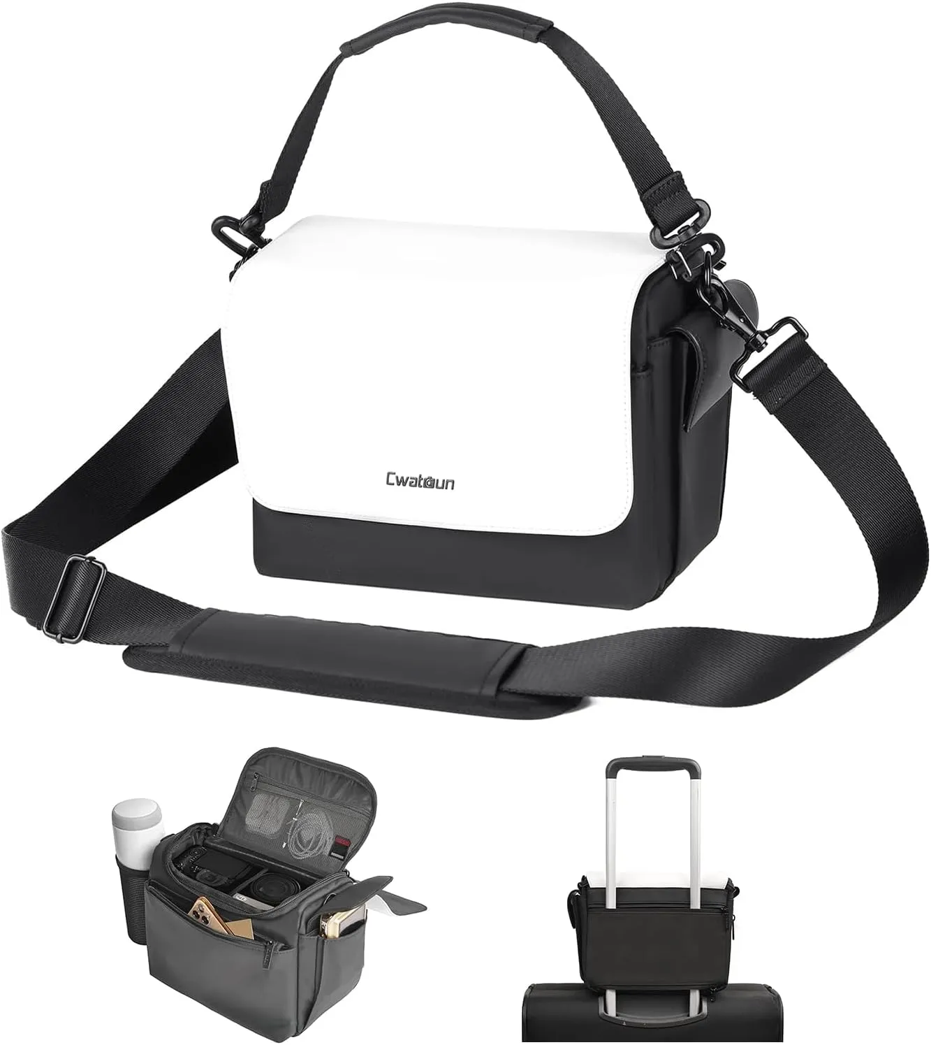 Cwatcun Camera Shoulder Bag, Waterproof Crossbody Case, Compact Photography Backpack, Compatible with Canon/Nikon/Sony/Fuji DSLR/SLR/Mirrorless Camera, Lens and Accessories, White