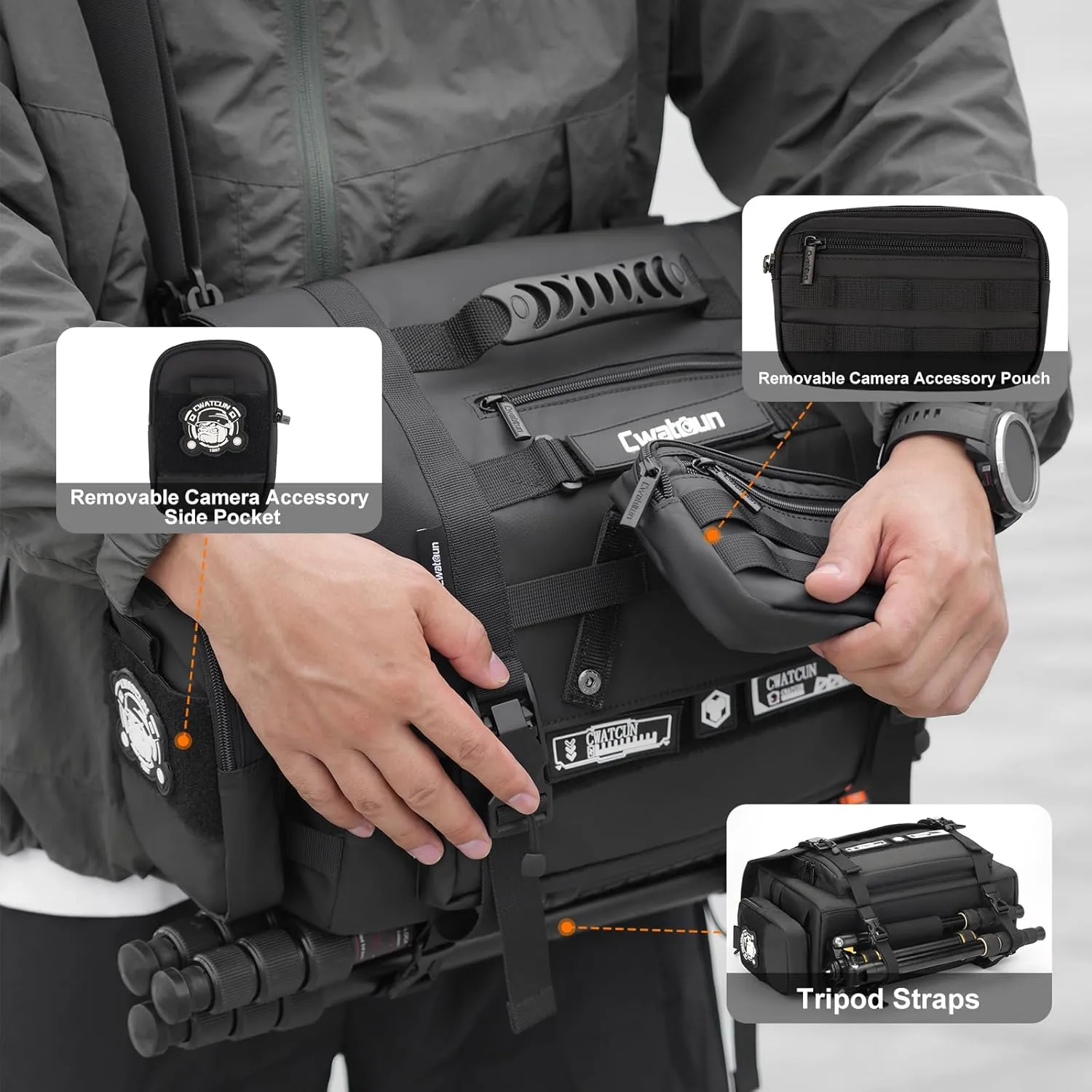 Cwatcun Camera Sling Bag, Waterproof Multifunction Photography Tactica Camera Crossbody Bag with Tripod Holder & Removable Accessory Bags for DSLR/SLR/Mirrorless Cameras - Large