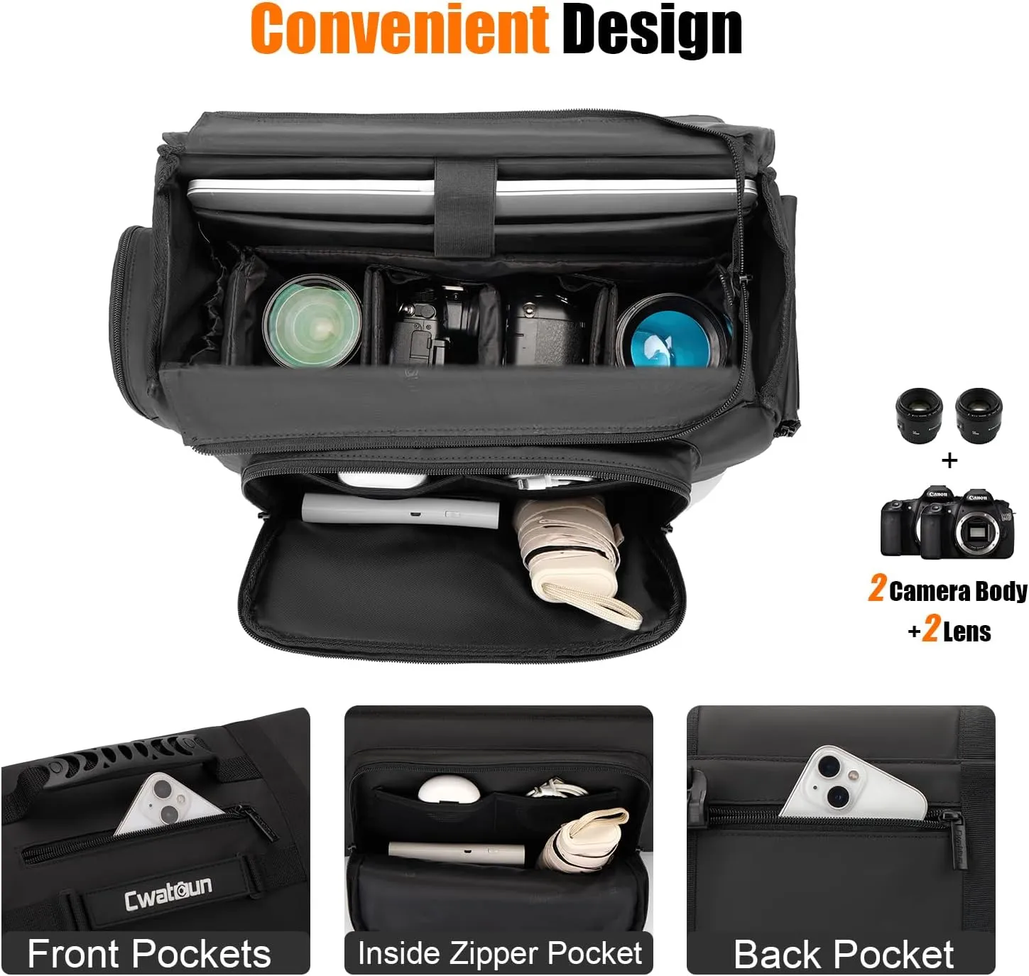 Cwatcun Camera Sling Bag, Waterproof Multifunction Photography Tactica Camera Crossbody Bag with Tripod Holder & Removable Accessory Bags for DSLR/SLR/Mirrorless Cameras - Large