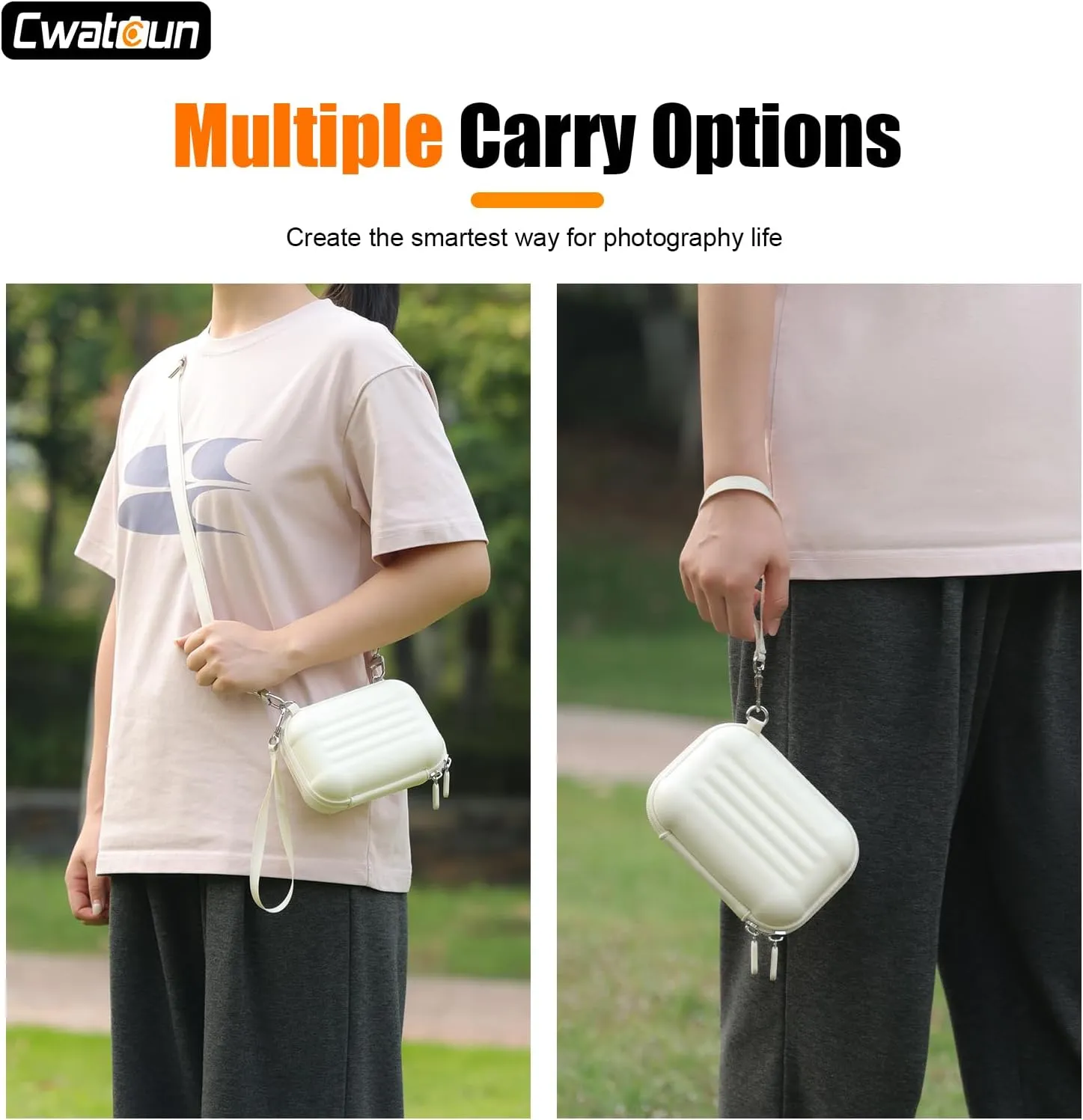 Cwatcun Digital Camera Case, Waterproof Hardshell Digital Camera Bag with 2 Carrying Ways, Lightweight Small Camera Sling Bag Compatible with KODAK PIXPRO/Canon PowerShot/Sony DSCW800 DSCW830 - White