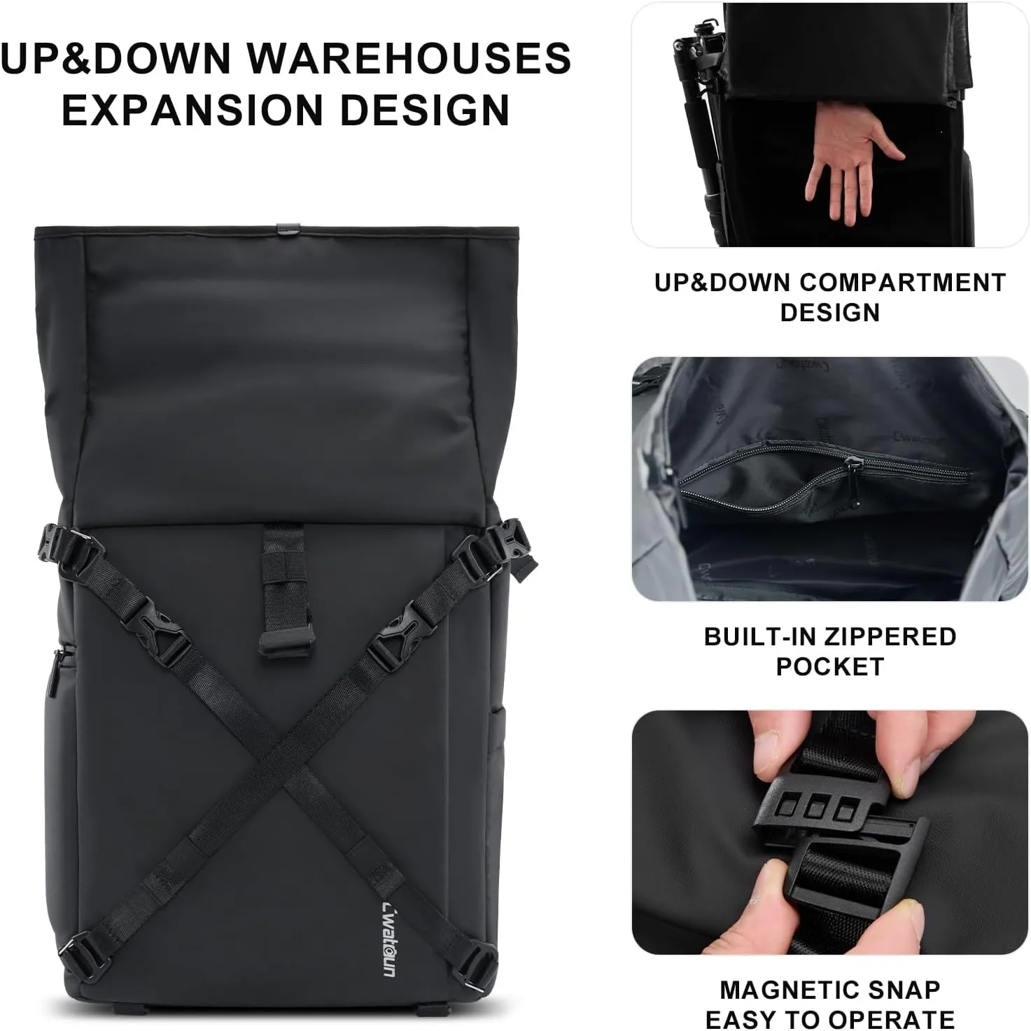 Cwatcun Waterproof Camera Backpack, Black Leather-coated Photography Camera Bag Case with 2.5L Expansion Warehouse, Tripod and Drone Strap, 13" Laptop Compartment for Canon Nikon Sony SLR DSLR, Lens