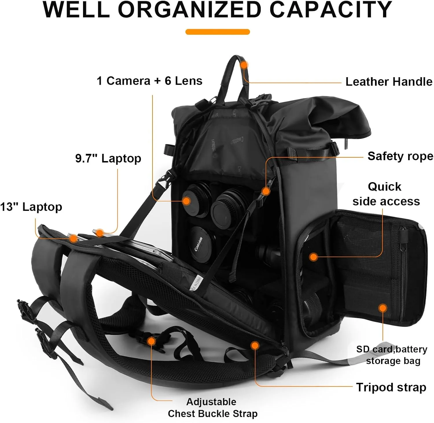 Cwatcun Waterproof Camera Backpack, Black Leather-coated Photography Camera Bag Case with 2.5L Expansion Warehouse, Tripod and Drone Strap, 13" Laptop Compartment for Canon Nikon Sony SLR DSLR, Lens