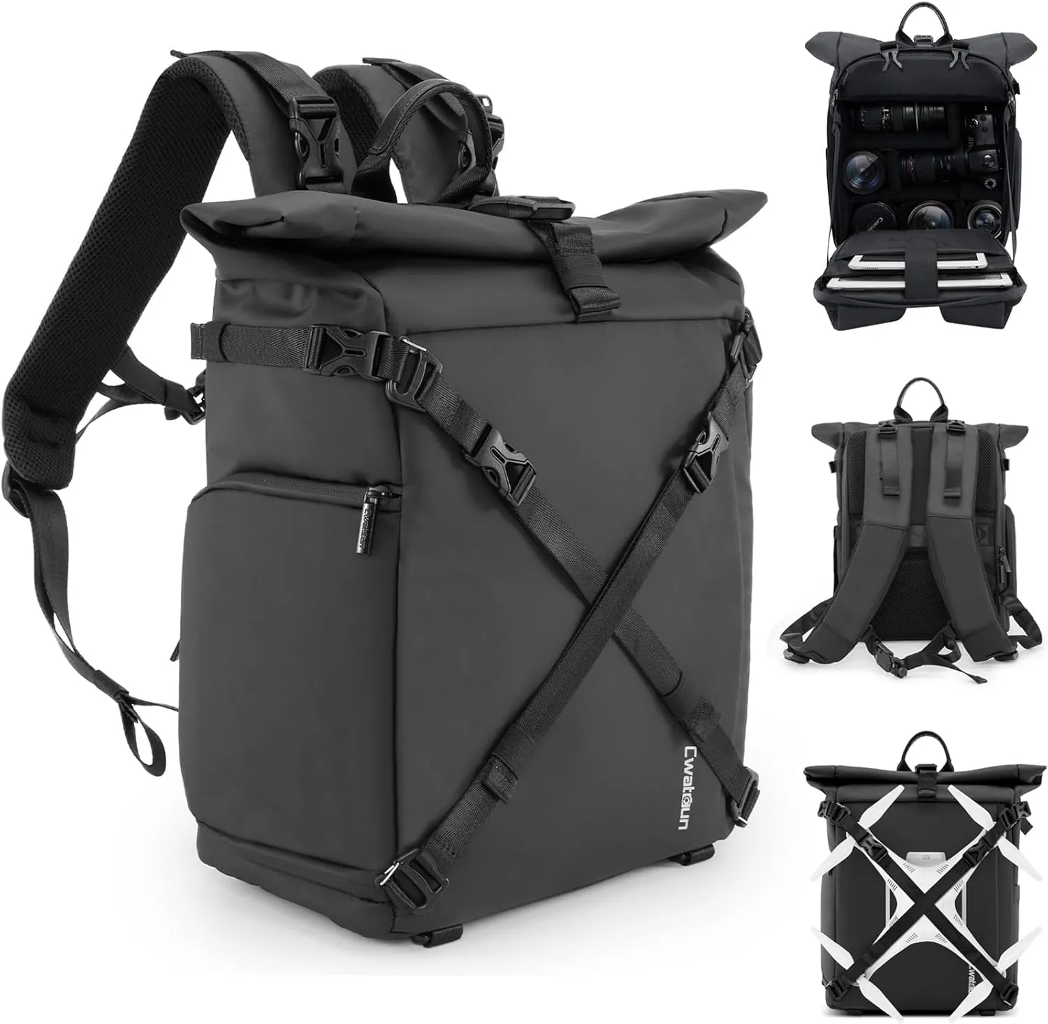 Cwatcun Waterproof Camera Backpack, Black Leather-coated Photography Camera Bag Case with 2.5L Expansion Warehouse, Tripod and Drone Strap, 13" Laptop Compartment for Canon Nikon Sony SLR DSLR, Lens