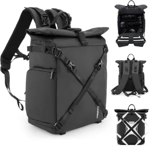 Cwatcun Waterproof Camera Backpack, Black Leather-coated Photography Camera Bag Case with 2.5L Expansion Warehouse, Tripod and Drone Strap, 13" Laptop Compartment for Canon Nikon Sony SLR DSLR, Lens