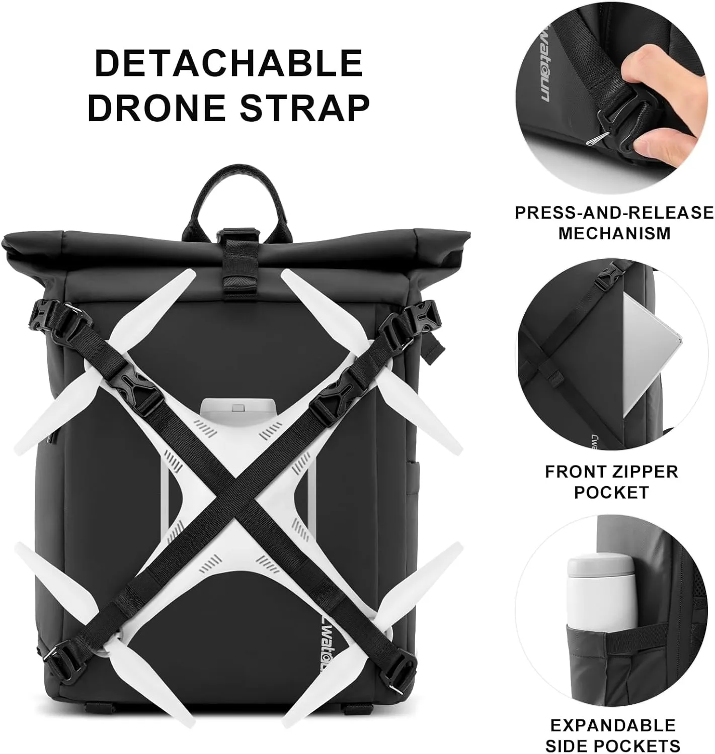 Cwatcun Waterproof Camera Backpack, Black Leather-coated Photography Camera Bag Case with 2.5L Expansion Warehouse, Tripod and Drone Strap, 13" Laptop Compartment for Canon Nikon Sony SLR DSLR, Lens