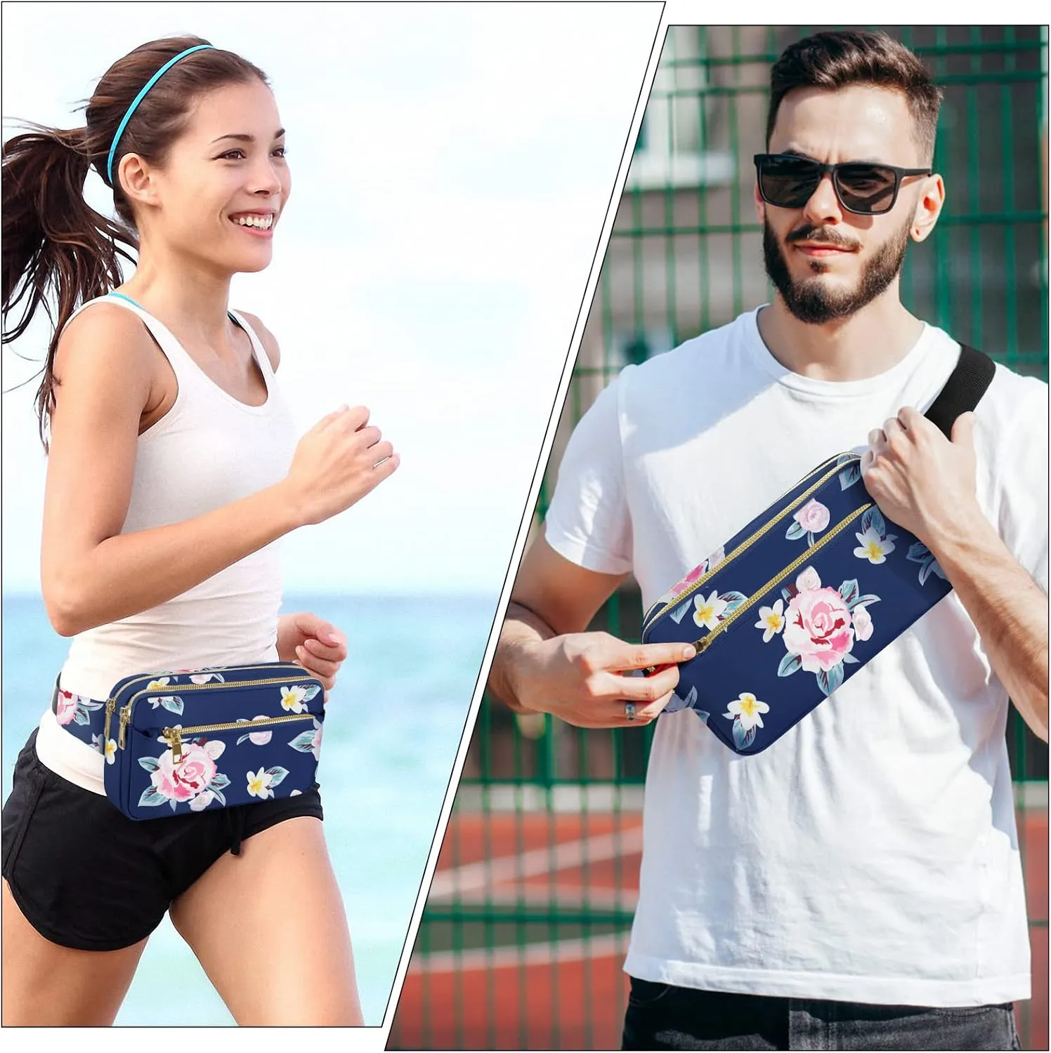 CXWMZY Fanny Packs for Women & Men, Fashion Waist Bag Hip Bum Bag with Multi-Pockets Large Capacity Cute Fanny Pack Casual Bum Bag for Disney Traveling Shopping Casual Cycling Running (Blue Flower)