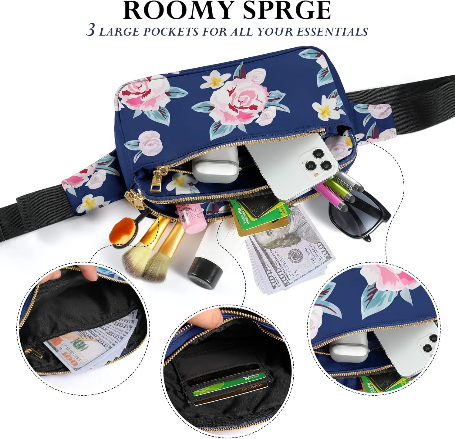 CXWMZY Fanny Packs for Women & Men, Fashion Waist Bag Hip Bum Bag with Multi-Pockets Large Capacity Cute Fanny Pack Casual Bum Bag for Disney Traveling Shopping Casual Cycling Running (Blue Flower)