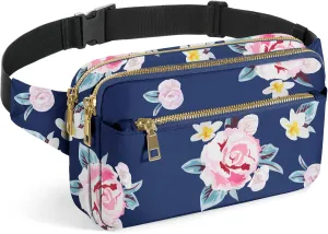 CXWMZY Fanny Packs for Women & Men, Fashion Waist Bag Hip Bum Bag with Multi-Pockets Large Capacity Cute Fanny Pack Casual Bum Bag for Disney Traveling Shopping Casual Cycling Running (Blue Flower)